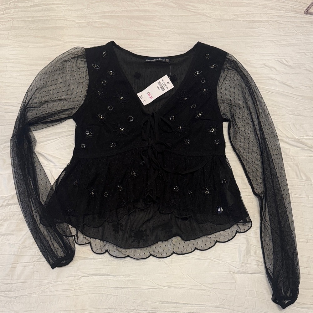 Abercrombie & Fitch Black Sheer Blouse with Embellishments